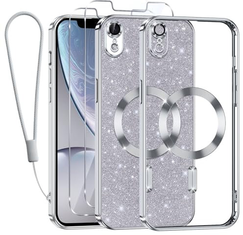 Kokio Handykette für iPhone XR Hülle Glitzer, [Kompatibel mit MagSafe] Magnetisch Handyhülle für iPhone XR mit 2 Stück Schutzfolie Stoßfeste Silikon TPU Schutzhülle, Silber