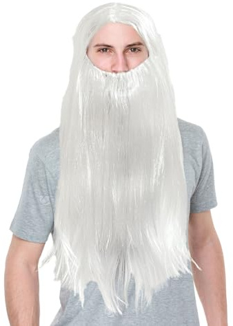 UILYNIU Perücke Bart Herren Perücke Cosplay Perücke Cosplay Kostümparty Halloween Party Men Wigs für Fasching Karneval Zauberer Magier Hexer Bart Lang Gelockt (Weiß)