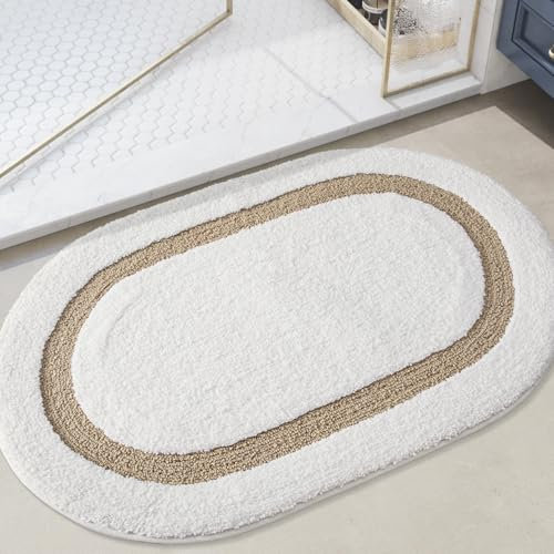 DEXI Badezimmerteppich 61 x 110 cm, rutschfest Badematte, weicher Maschinenwaschbar Badvorleger, Ovales Saugfähige Badematten & Badteppiche für Dusche, Badewannen, Toilette Deko, Beige