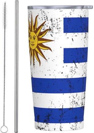 FJQWKLF Taza de viaje aislada moderna simple de la bandera de Uruguay retro con tapa y pajita reutilizable de acero inoxidable taza de café helado blanco
