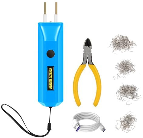 Shkalacar Kunststoff Schweißgerät, Kabelloses Hand Kunststoffschweißset mit 400 Heftklammern, Tragbares Reparaturset zur Reparatur von Kunststoffrissen an Autostoßstangen (Blau)