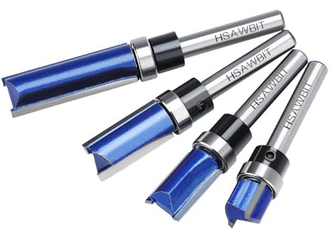 hsawbit Profiler Router Bit Set, 4pcs Flush Trim Router Bits 1/4 Shank, 12.7mm Cutting Dia. & 11.9mm, 20mm, 25mm, 38mm Length, Top Bearing Flush Cut Router Bit for Woodworking