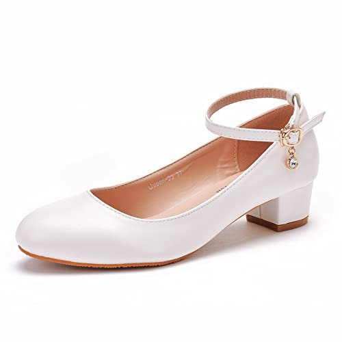 MiaZane Escarpins Blancs à Petit Talon pour Femmes - Cuir, breloque dorée, Bride Cheville, Bout Rond - Chaussures Classiques et Confortables pour Jeunes Filles,Blanc,39 EU