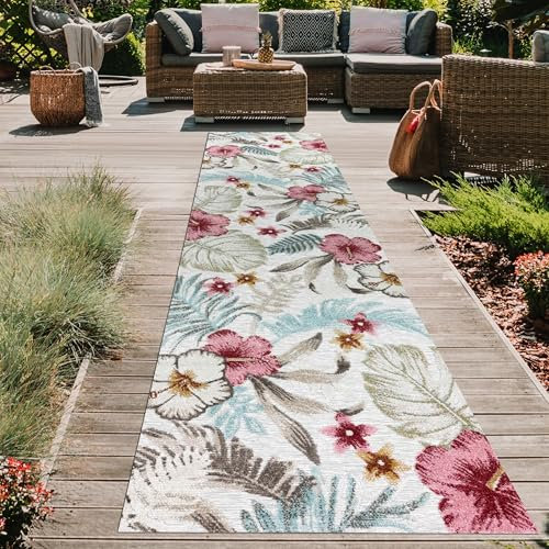 Teppich-Traum Teppich für Flur Wohnzimmer Balkon wetterbeständig pflegeleicht Outdoor geeignet Blumenmuster Creme bunt grau 80 x 300 cm