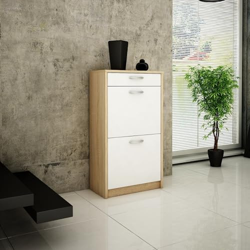 Home Collective Schuhschrank mit 1 Schublade und 2 Klappen Schuhregal mit 3 Fächern weiche abgerundete Kanten 50 cm breit laminierte Platte Matte platzsparende Schuhaufbewahrung Sonoma weiß