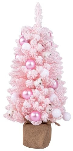 COSTWAY Árbol de Navidad Rosa 90 cm, Mini Arbol de Navidad Nevado Sobremesa, 12 Bolas de Algodón Natural, 24 Bolas, 136 Puntas de PVC, Arvore de Natal Pequeño (Rosa)