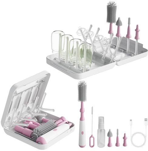 WHNL Powerful Electric Baby Bottle Brush Cleaner Set,Complete with Silicone Bottle/Nipple/Gap/Straw Brushes,Plus a Dispenser and Foldable Drying Rack,Effort Electric Cleaning Brush,Portable Travel Set