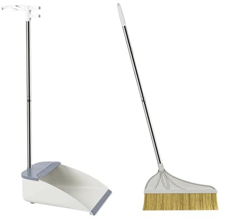 BLMAGS Juego de Escoba y recogedor de plástico, Escoba y recogedor con Peine de Dientes, Escoba y recogedor de Mango Largo de Acero Inoxidable
