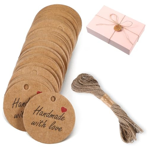 Nogeqi 100 Stück Geschenkanhänger Kraftpapier, Rund Handmade Mit Liebe Gemacht Anhänger, Handmade With Love Mini Gift Paper Tags Braune Etiketten Mit Jutekordel 20 Meter Für Hochzeit Valentinsta