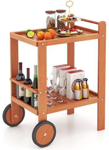 COSTWAY Serving Cart, 2 Tier Rolling Wood Bar Cart with Wine Bottle Holders, Handle & 2 Rubber Wheels, Indoor Outdoor Liquor Beverage Drink Trolley for Kitchen Garden Patio