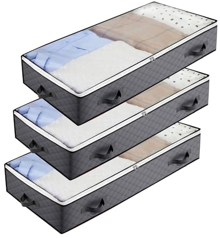 UPhitnis 3 Stück Unterbett Aufbewahrungsbox - Unterbettkommode mit Sichtfenster & Reißverschluss & Griffen - Faltbare Bettkasten Aufbewahrungstasche für Bettdecken/Kleidung/Bettzeug/Decken 100x50x18cm