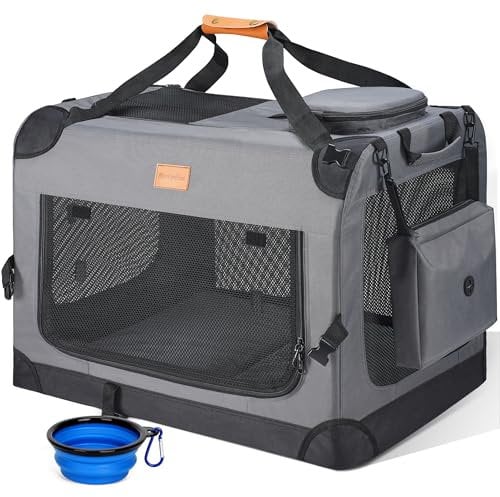 Morpilot Hundetransportbox L 70x52x52cm, faltbar Hundebox Auto Zuhause für 18kg, Transporttasche Haustiertransportbox Hundetragetasche mit faltbarem Napf, Schultergurt Aufbewahrungstaschen