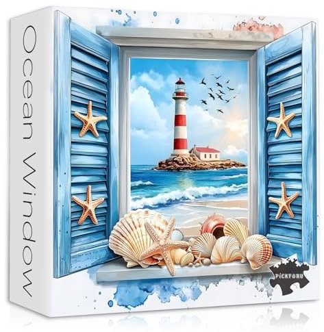 PICKFORU Strandpuzzles für Erwachsene 1000 Teile, 3D Fensterkunst Leuchtturm Puzzles Muschel, Einzigartige Ozean Jigsaw Puzzles 1000 Teile Malen, Natur Herausforderung für Erwachsene