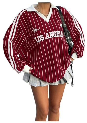 GORGLITTER Women's Letter Graphic Striped T Shirts Collar V Neck Drop Shoulder Long Sleeve Loose Streetwear Tees Tops Red Large