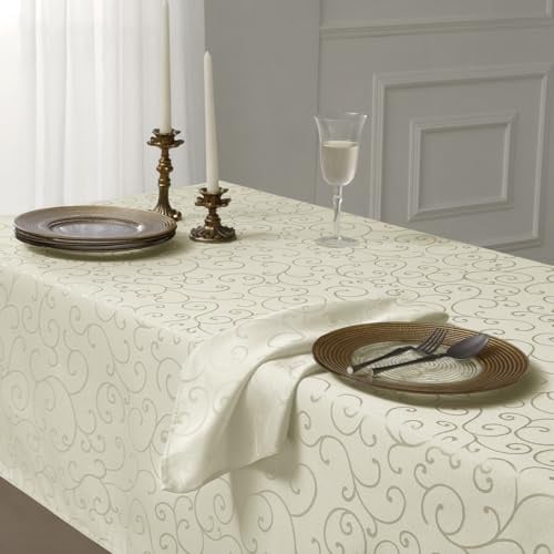 Romanstile Cream Jacquard Xmas Tablecloth wipe clean 140 x 240 cm, Water-Repellent,Stain Resistant,Christmas Table Cloth for Everyday Dining, Garden Parties, Family Meals, Restaurant Use, Birthday