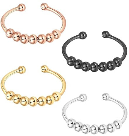 ZesNxj 4 Stück Anxiety Ring, Anti Stress Ring, Fidget, Verstellbare Spinner Ringe mit Perlen für Damen Frauen, Linderung von Angst, Geschenk für Mädchen (Mehrfarbige)