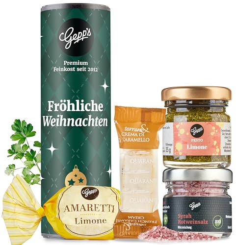 Gepp‘s Feinkost Weihnachts-Geschenk I Kleines Geschenkset | Frohe Weihnachten I Mit köstlichen Delikatessen I Mit italienischer Pesto Limone I Bio Rotwein-Gewürzsalz