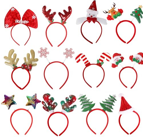 Moorlan 12 Pack Christmas Headbands for Adults | Xmas Hairbands with Reindeer, Santa, Snowman, Tree, Candy Cane Designs, Festive Party Accessories for Christmas Celebrations