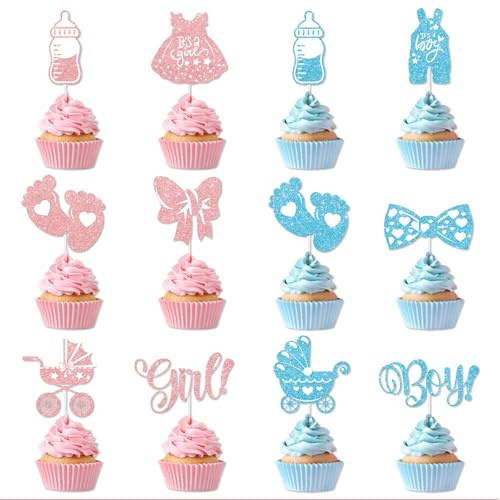 Zimocepuz Gender Reveal Cupcake Topper, 36 Cupcake Toppers for Gender Reveal, Baby Shower Decorations in Pink and Blue Glittering Colour Schemes