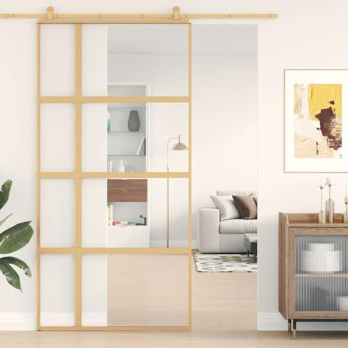 QJBSAVVA Goldene Schiebetür 102,5x205 cm aus ESG-Klarglas & Aluminiumrahmen für Flur Wohnzimmer Schlafzimmer Modernes Design Platzsparend Türblatt ohne Zarge für Wohnungseingangstür