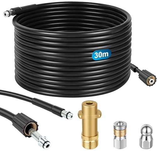 NUTKIT 30M Tubo di Pulizia per Tubature, 180Bar 60°C Tubo Idropulitrice | Set di Tubi Universali per Pulizia Tubi, con Ugelli Fissi+Rotanti, per Kärcher K2 K3 K4 K5 K6 K7, per Pulizia Degli Scarichi