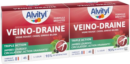 Alvityl Veino-Draine Action Drainante Confort Circulatoire - 2x45 gélules | Formule breveté avec Vigne Rouge, Cassis, Ginkgo Biloba, drainant, soulage les jambes lourdes