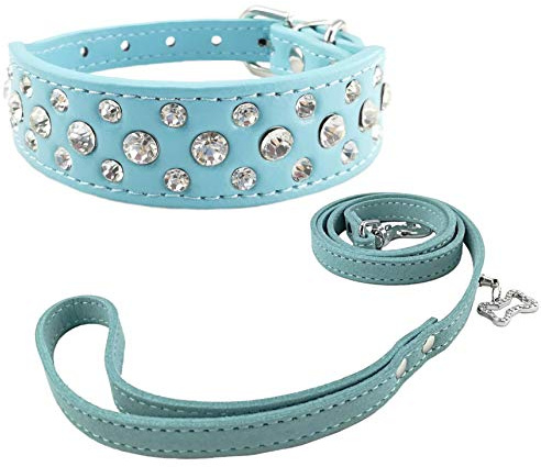 Newtensina Mode Hundehalsband und Blei Set Bling Welpen Halsband Cute Diamante Hundehalsband mit Leinen - Blue - M