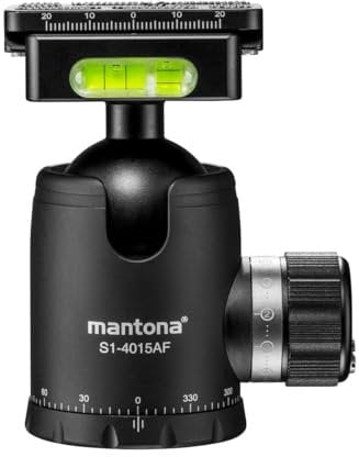 Mantona Fortress Kugelkopf 40 mm bis 15 kg, Stativkopf mit 360° Panorama-Funktion & 3 Wasserwaagen, inkl. Schnellwechselplatte und Friktionswegkontrolle