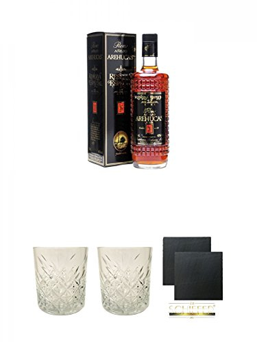 Arehucas Reserva Special 12 Jahre Kanarische Inseln Spanien 0,7 Liter + Rum Glas 1 Stück + Rum Glas 1 Stück + Schiefer Glasuntersetzer eckig ca. 9,5 cm Ø 2 Stück