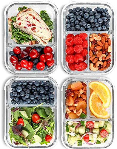 Glass Meal Prep Containers - 2 & 3 Compartment (4 Pack, 1000 ML) with Airtight Lids - Glass Lunch Containers, Portion Control