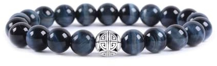 MetJakt Natürliche 8 mm Edelsteine Heilung Crystal Stretch Perlen Armband Armreif mit 925 Sterling Silber Double Happiness Anhänger (Blue Tiger Eye)