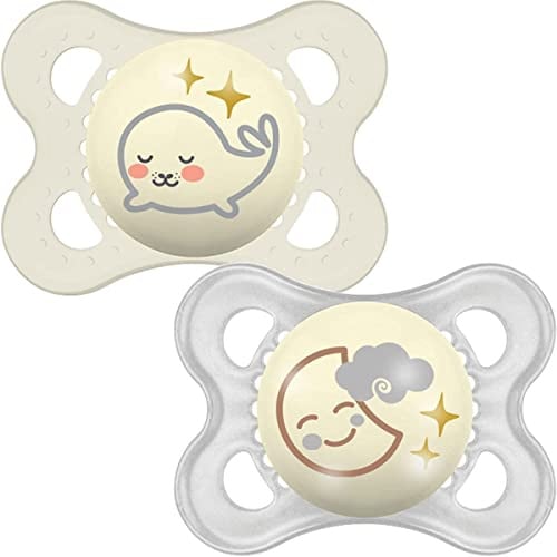 MAM Latex Night Soothers 0 Months+ (Pack of 2), Glow in the Dark Baby Soothers with Self Sterilising Travel Case, Newborn Essentials, Grey, (Designs May Vary)