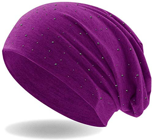 Hatstar Damen Beanie Mütze | mit edler Strass Nieten Applikation | Mädchen Mütze | elastisches Slouch Long Beanie | leicht und weich (lila)
