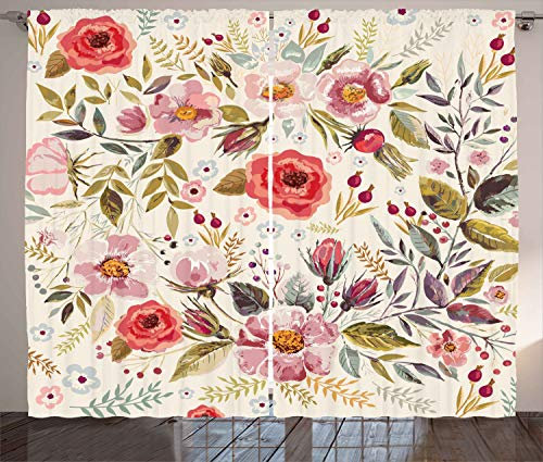 ABAKUHAUS Bunt Rustikaler Vorhang, Abstrakte Blumen Rosen, Wohnzimmer Universalband Gardinen mit Schlaufen und Haken, 280 x 260 cm, Mehrfarbig Korallenrot