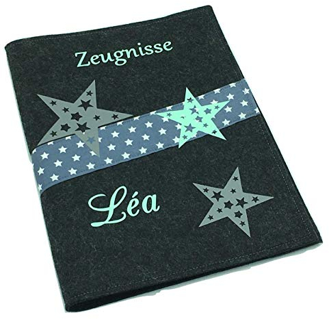 Zeugnismappe mit Namen - Mädchen und Jungen - Personalisiert Filz A4 Stern Türkis - Dokumenten Urkunden Mappe Kinder - Hefter Zeugnisse - Sichtbuch