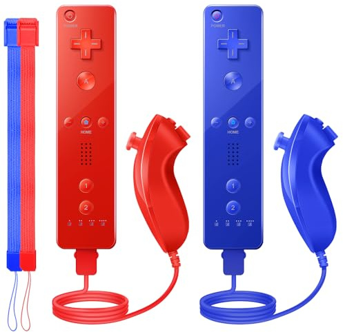 PGYFDAL Confezione da 2 telecomandi e joystick Nunchuck per console Wii/Wii u, gamepad con custodia in silicone e cinturino da polso per vacanze (rosso e blu scuro)