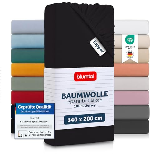 Blumtal® Basics Spannbettlaken Topper 140x200x15cm Jersey - Bettlaken aus 100% Baumwolle - Oeko-TEX zertifiziertes Spannbetttuch 140x200cm - Schwarz