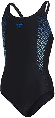 Speedo Plastisol Placement Muscleback Mädchen Badeanzug, Schwarz/Blue Flame/Light Adriatic, 5-6 Jahre