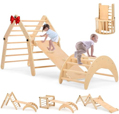 Dripex Faltbarer Klettergerüst mit doppelseitiger Rutsche - Montessori Holzspielzeug Holz Klettergerüst und Rutsche Indoor für Kleinkinder Kinder 1-3+ (Klimber mit Rutsche)