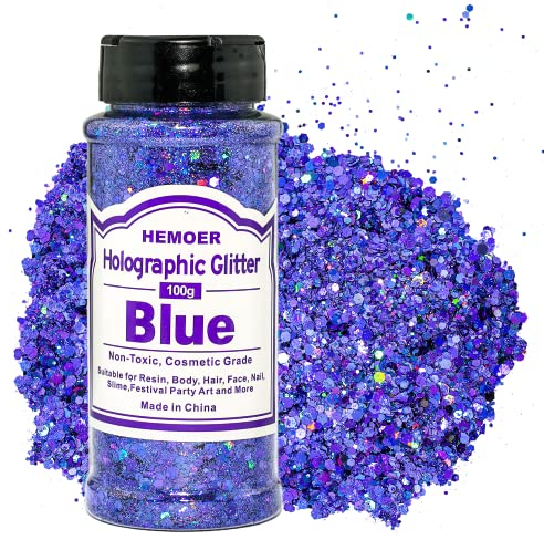 HEMOER Holographic Chunky Glitter, Blau 100g Chunky Pailletten Glitter, Craft Glitter für Harz, Gesicht, Nagel, Körper, Kunsthandwerk, Slime Festival Party Art, Glitzerpuder für Nägel Glitzer
