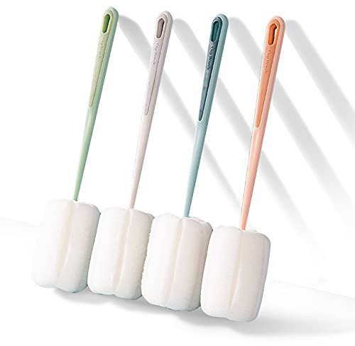 easyBee Brosses de Éponge [Lot of 4], Brosse à Bouteille d'eau avec Manche, Brosses de Nettoyage Rotatives pour Bouteilles à Col Etroit, Biberons, Gobelets, Verres à Boire, Tasse à Café et Verre à Vin