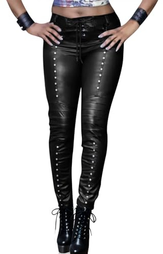 Women's Goth Punk Faux Leather Pants Mid Rise Lace Up Leather Motorcycle Leggings Novelty Studded and Skinny Pants Black