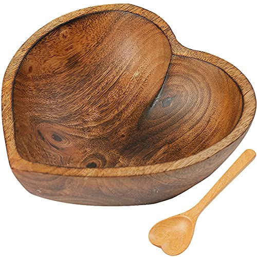 Heart Shaped Wood Bowl - Wooden acai Bowl - 1 Set of 6 inch Wooden Bowls and Heart Shaped Spoons - Rustic Heart Bowls Decorative - for Cereal, Soup, Smoothie, Salad and Dessert - Premium - MASTERHUT