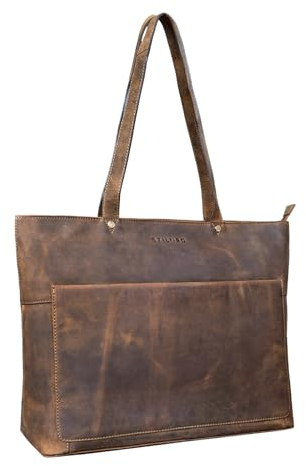 STILORD 'Astrid' Shopper Handtasche Leder Damen Schultertasche Vintage Ledertasche mit Laptopfach Elegante Businesstasche Aktentasche für Frauen Echtleder, Farbe:mittel - braun