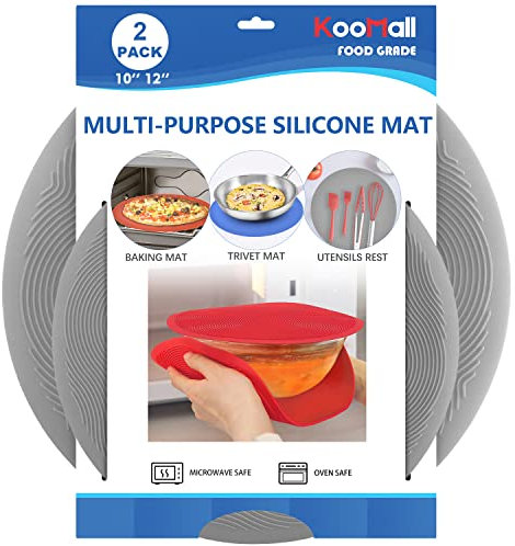 KooMall 2-in-1 Mehrzweck-Silikonmatten, Untersetzer für heiße Speisen, Topflappen, Mikrowellen-Spritzschutz für Lebensmittel, Kaffee, Getränke, Tassen, Untersetzer für Küche, 25.4 cm + 30.5 cm, Grau