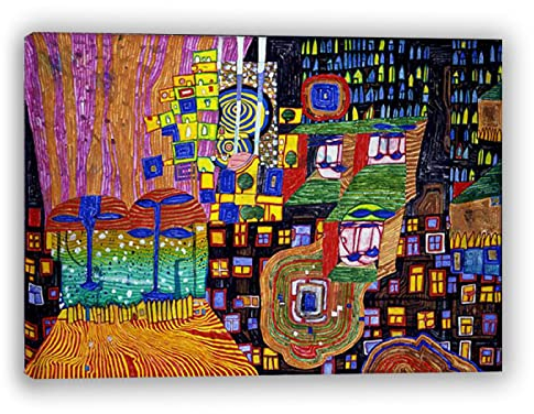 Friedensreich Hundertwasser Berühmte Gemälde auf Leinwand. (992 Stadtansicht) Reproduktion auf Leinwand, Wandkunst, Bilder für Heimdekoration. Holzrahmen 40 x 60 cm (15,8 x 23,7 Zoll) gerahmt