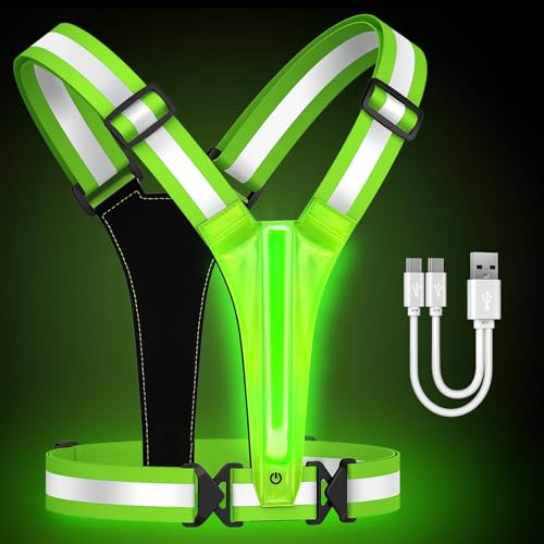 Fokia Kunbio Reflektierende LED-Laufweste, beleuchtete Weste, Läufer, Nachtlaufen, USB-wiederaufladbar, bis zu 11 Stunden Licht mit Verstellbarer Taille/Schulter für Damen, Herren, Kinder (grün)