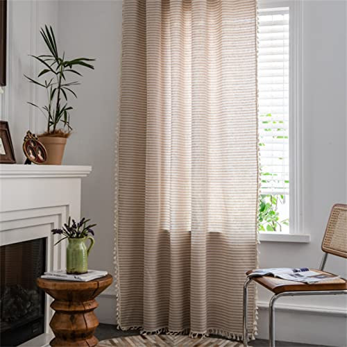 KEKUYA Cortina de Ventana Semitransparente Lino,Decorativa con Rod Bolsillo Visillo Suave Moderno,Franja Beige,Cortina de Privacidad para Cocina,Salón -1 Uds,150 x 132cm(An x Al)