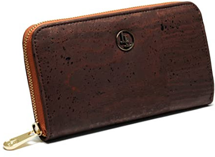 Damen Geldbörse aus veganem Korkleder Groß, Frauen Portemonnaie mit RFID-Schutz, Vegan Wallet, Kork Brieftasche nachhaltig (Dunkelbraun)
