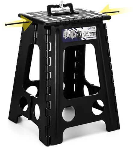 Delxo 17.5 Inch Folding Step Stool,Foldable Stool for Adults with Safety Lock,Portable Collapsible Plastic Step Stool,Non Slip Folding Stools for Kitchen Bathroom Bedroom Up to 400LBS,(Black 1PC)